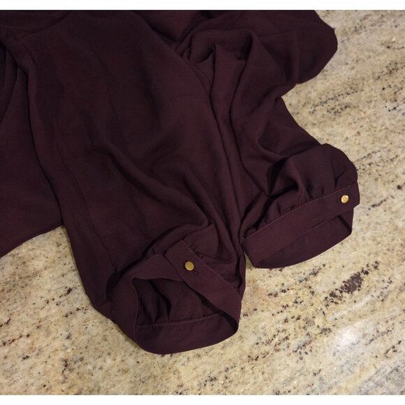 New! NY & Co Size L Burgundy Gold Side Button High Neck Blouse Old Money Smocked - Picture 10 of 15